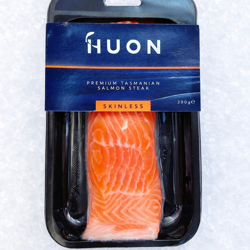 PREMIUM HUON TASMANIAN SALMON STEAK SKINLESS 200G - Claudio's Seafoods, Sydney Fish Markets