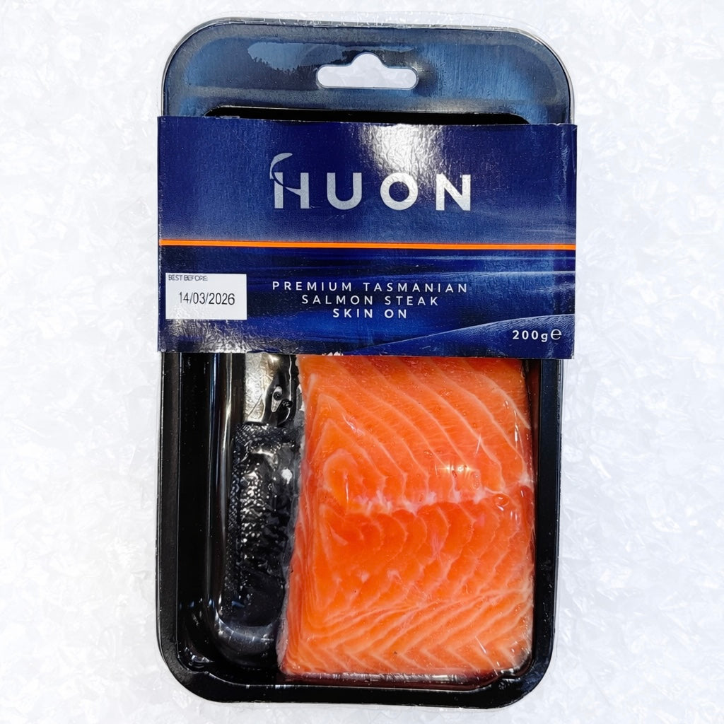 PREMIUM HUON TASMANIAN SALMON STEAK SKIN ON 200G - Claudio's Seafoods, Sydney Fish Markets